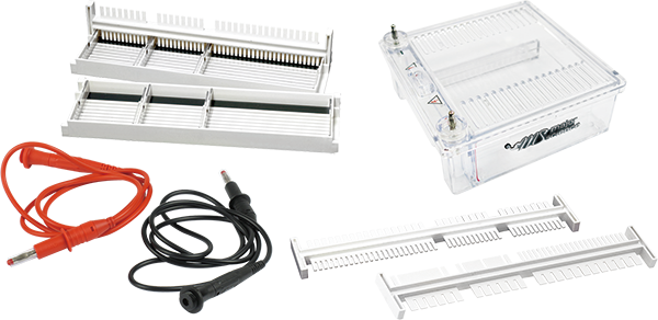 Major Science迷你水平電泳槽
配置:
1 x 標準電泳槽和上蓋
2 x MJ-G01 (尺梳)
2 x MJ-T02 (107x60mm 大製膠盤)
4 x MJ-T01 (52x60mm 小製膠盤)
1 x MJ-C01 (雙面尺梳): (8 well x 2 & 17 well) (厚度: 1.0mm, 寬4mm), 12 well x 2 & 25 well (厚度: 1.5mm,寬2.8mm)
1 x MT-C03 八爪與十二爪微量分注器適用 23 well (寬3mm), 寬36mm樣本回收well x1, 兩端皆有marker用well寬 17mm樣本回收well x2, 兩端皆有marker用well1 x 黑紅電泳線
