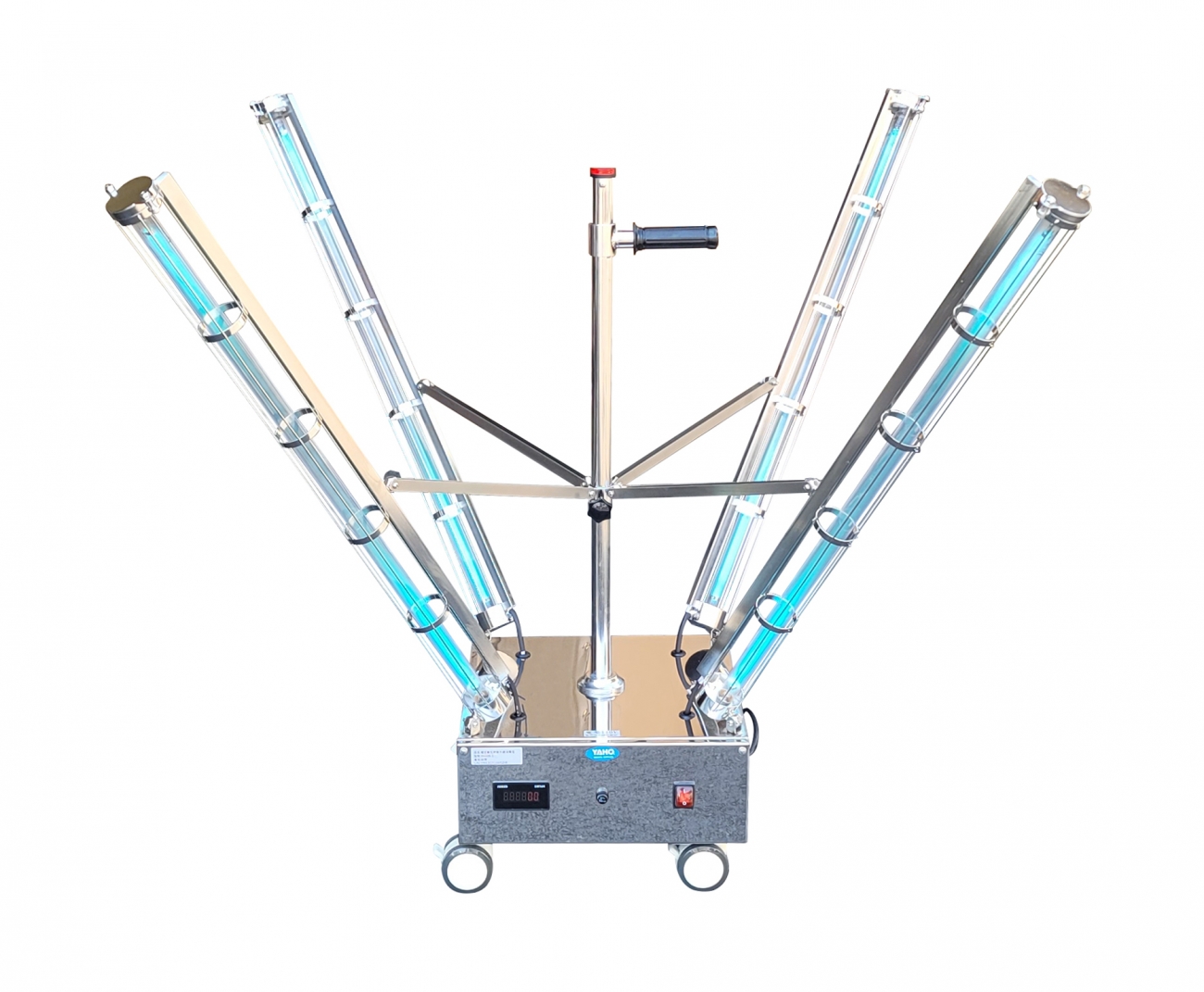 1.本紫外線殺菌燈，紫外線燈管為TUV 30W四支，機器底部10W一支，可產生
253.7nm波長的紫外線，(2020 新版《標準》的適用範圍修訂為:以℃波段紫外線
  ( 波長範圍 200nm-280nm)為殺菌因子的紫外線消毒器。
2.LED燈電源開關可清楚辨别電源是否開啟。
3.附有無線搖控器，以保護工作人員安全，遙控器上可直接設定時間15.30.60分鐘
三個區段，不必到主機上設定即可完成殺菌，殺菌完畢自動切斷殺菌燈電源。
4.紫外線殺菌燈遙控器按壓開啟時蜂鳴器會響聲，並開啟時主機跟蜂鳴器會做動延遲
 10～15秒開啟作為警示提醒工作人員離開殺菌空間。
5.附有79x43mm大螢幕6位數電子式數位累計計時器紀錄機器工作所使用的之殺菌時

  間(99999.9小數點閃6分鐘顯示0.1)並附有可歸零開關。
6.內藏式一組10W及一組30W燈管使用電子式變壓器以延長紫外線殺菌器壽命。
7.紫外線殺菌燈中間支架上方有一組機器運作警示高亮度LED燈。
8.有安全保險絲，保護機器及使用者。
9.附把手高度適中，方便使用者推動。
10.4支30W燈管附有燈管保護架，避免推動中碰撞。
11.附有4顆煞車輪方便人員移動。
12.燈管護架高度：940mm ± 5%。
13.燈管展開角度：55∘± 5%。
14.外部尺寸：W400*D400*H1195mm ± 5%。
15.電源：AC 110V，50/60HZ。