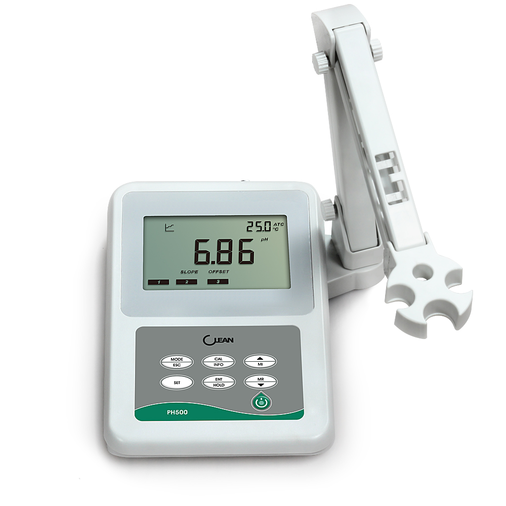 twinno PH500 桌上型酸鹼度測試儀
●全天候精准，握持舒適，攜帶方便，操作簡單
●超大LCD背光顯示幕，便於讀取儀表資訊
●IP65防水等級
●5點自動校正：零點偏移，酸段斜率，鹼段斜率，確保量程準確
●一鍵檢視設定狀態，包含：電極的零點偏移，酸段鹼段斜率，以及儀表的各種設定狀態
●HOLD讀值自動鎖定功能
●溫度偏移調整
●256個資料集記憶體存儲和調用
●可選擇10分鐘自動關機功能
●可拆卸電極支架，可固定多支電極，與測量平面保持90度，左右兩邊均可安裝
